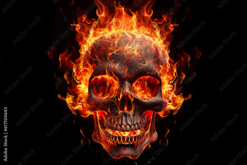 Fiery Human Skull on black background. Generative ai illustration of skull in fire. Fiery Human Skull on black background. Generative ai illustration of skull in fire.
