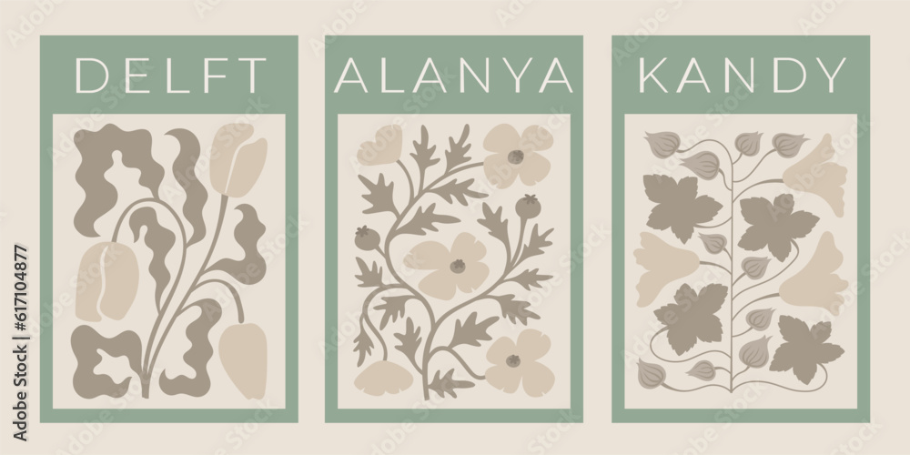 Set of trendy abstract flower posters. Vector botanical groovy stamps, cards, wall arts