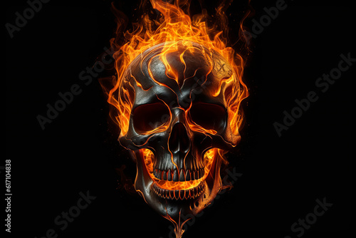 Fiery Human Skull on black background. Generative ai illustration of skull in fire.