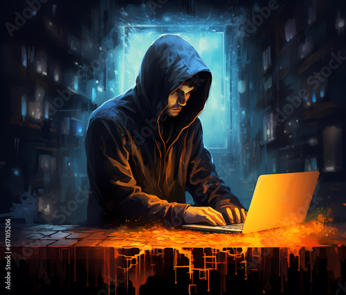 Cyber criminal hacker with hoodie on a laptop-Generative AI photo
