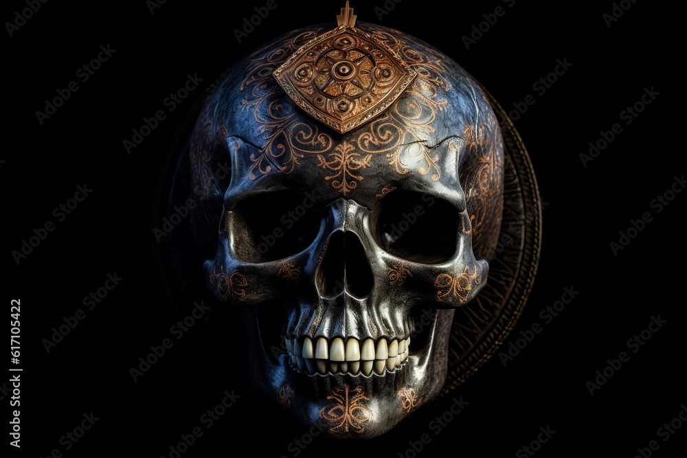 Illustration of skull with diamonds on black background, generative ai.
