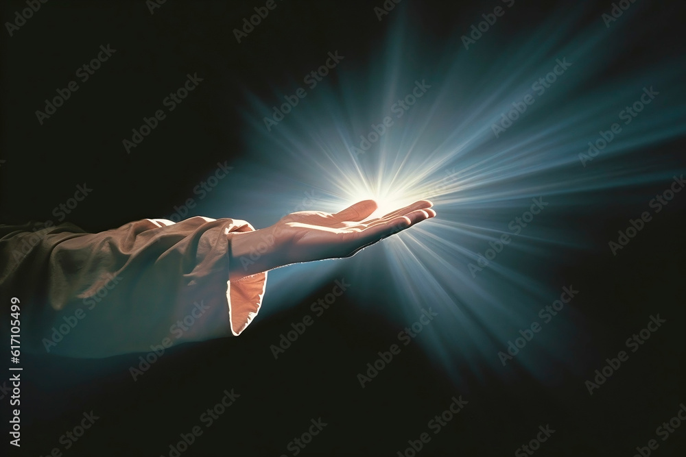 jesus hand with light religion miracle - obrazy, fototapety, plakaty 