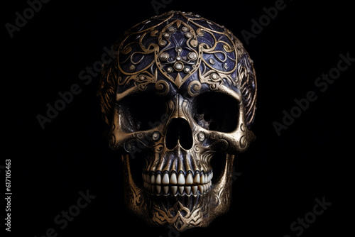 Illustration of skull with diamonds on black background, generative ai. photo