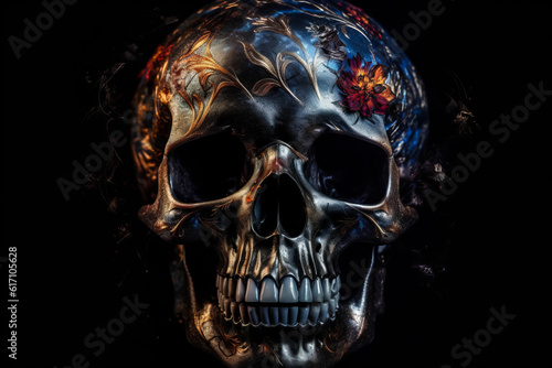 Illustration of skull with diamonds and flowers on black background, generative ai.