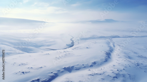 An aerial shot Ice flow Valley from helicopter view in winter. Panoramic view down an snow mountain landscape Generative ai