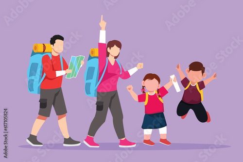 Character flat drawing cheerful hiking family with two children. Group of people with backpacks on mountain landscape. Mom, dad, son and daughter. Family time icon. Cartoon design vector illustration