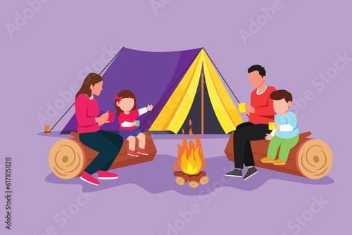 Graphic flat design drawing happy family camping with campfire and drinking hot tea or coffee. Kids sitting on logs, mom dad sitting on ground in forest. Wild nature. Cartoon style vector illustration