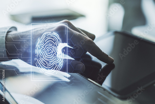 Abstract creative fingerprint concept with finger clicks on a digital tablet on background. Multiexposure © Pixels Hunter
