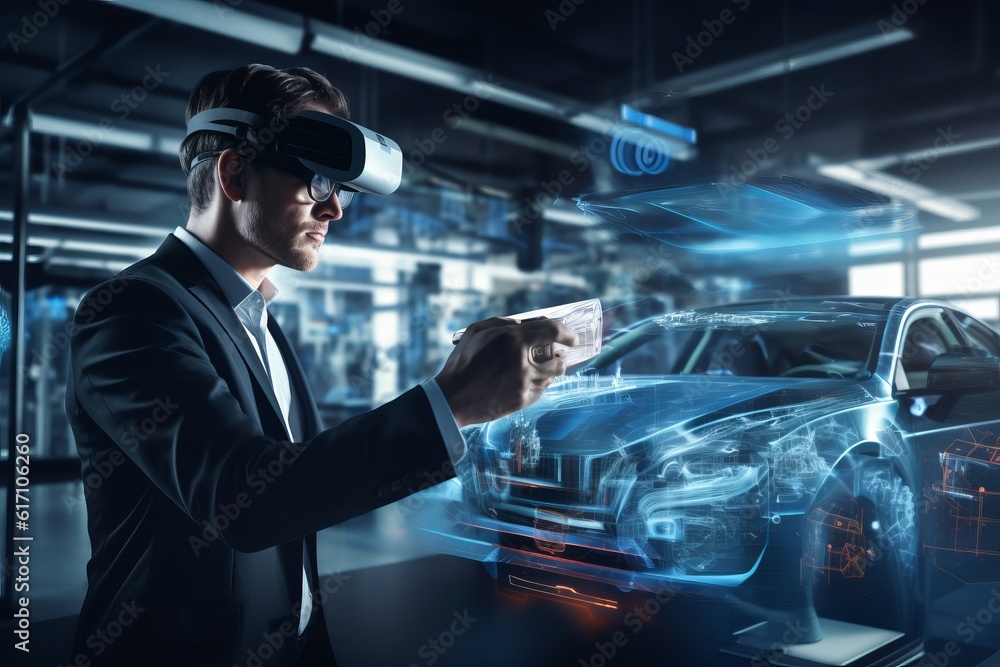 Automotive Engineer Leverages Virtual Reality Headset for Virtual Electric Car 3D Model Design Evaluation and Enhancement. Vehicle Prototype Assessed and Fine-tuned, Generative AI Automotive Engineer Leverages Virtual Reality Headset for Virtual Electric Car 3D Model Design Evaluation and Enhancement. Vehicle Prototype Assessed and Fine-tuned, Generative AI