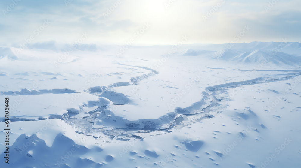 An aerial shot Ice flow Valley from helicopter view in winter. Panoramic view down an snow mountain landscape Generative ai An aerial shot Ice flow Valley from helicopter view in winter. Panoramic view down an snow mountain landscape Generative ai