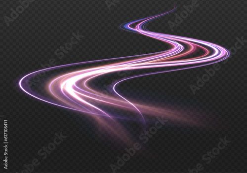Neon Color Blurred Motion On Speedway. Acceleration speed motion on night road. Panoramic high speed technology concept, light abstract background. Vector illustration.	
