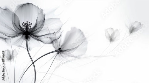 Art background with transparent x-ray flowers. Blooming flowers. Beautiful floral backdrop. Generative AI. Illustration for cover, card, postcard, interior design, packaging, invitations or print.