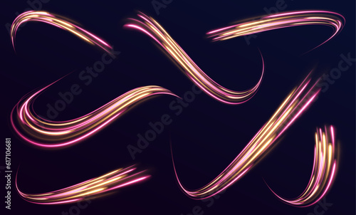 Lines in the shape of a comet against a dark background. Vortex streams of neon light. Magic of moving fast lines. Laser beams, horizontal light rays. Vector.	