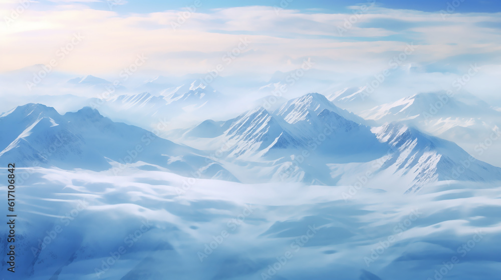 An aerial shot Ice flow Valley from helicopter view in winter. Panoramic view down an snow mountain landscape Generative ai