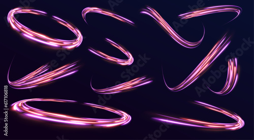 Lines in the shape of a comet against a dark background. Vortex streams of neon light. Magic of moving fast lines. Laser beams, horizontal light rays. Vector.	