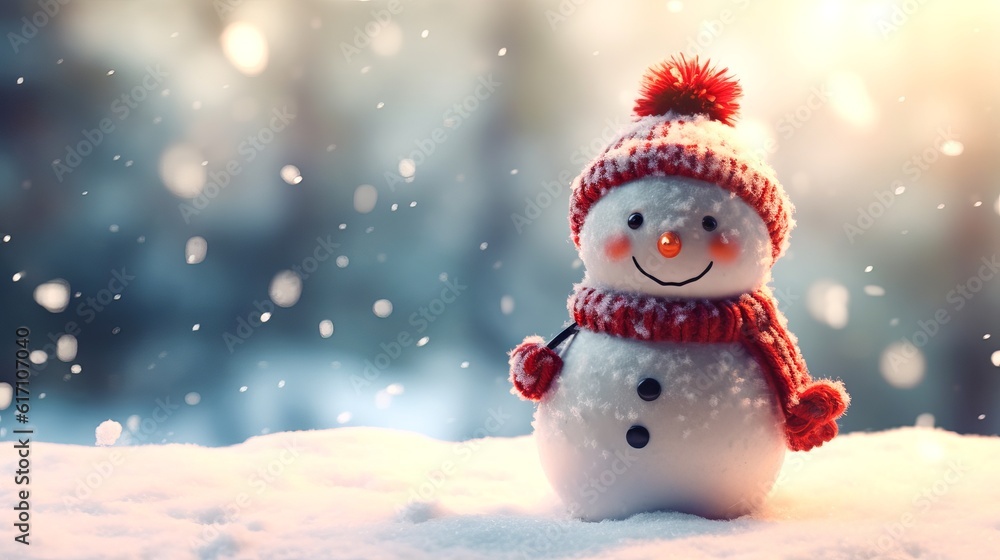 Merry christmas and happy new year greeting card with copy-space.Happy snowman standing in winter christmas landscape.