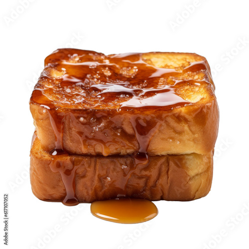 2 delicious slices of french toast with maple syrup isolated on a transparent background