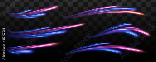 Image of speed motion on the road. Abstract comet of light in galaxy. background in blue and purple neon glow colors. Purple glowing wave swirl, impulse cable lines. Long time exposure. Vector	