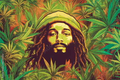Black guy, rastaman, smokes cant marijuana. Cannabis leaves. Generative ai illustration of rasta coulture. photo