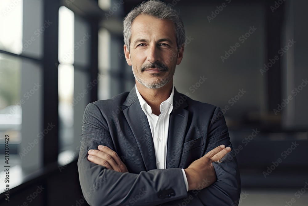 Smiling CEO, a contented middle-aged man, stands in office, arms crossed. Success embodied. Generative AI Smiling CEO, a contented middle-aged man, stands in office, arms crossed. Success embodied. Generative AI