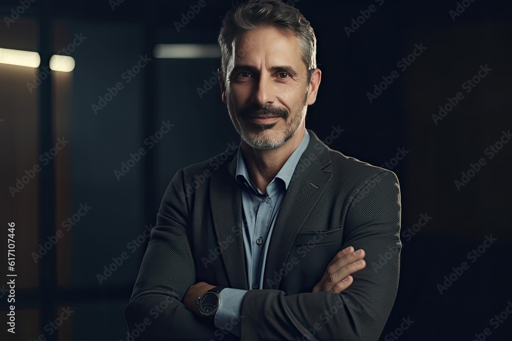 Smiling CEO, a contented middle-aged man, stands in office, arms crossed. Success embodied. Generative AI Smiling CEO, a contented middle-aged man, stands in office, arms crossed. Success embodied. Generative AI