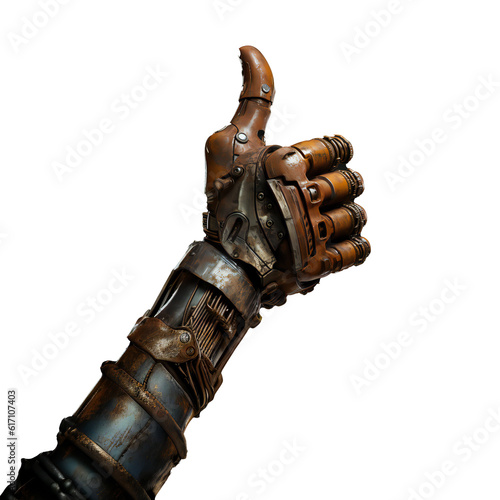 A rusty robot hand giving thumbs up isolated on transparent background - Generative AI