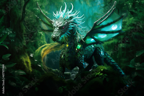 Forest green magical dragon on the background of the enchanted forest. Generative ai illustration of green dragon  symbol of 2024 year.