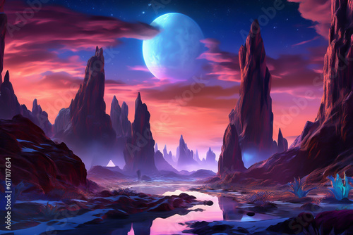 Fantasy unreal planet landscape. Generative ai illustration of fantastic world © Sergie