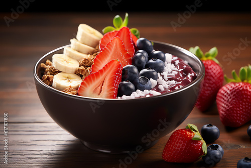 Acai Bowl berries, bananas, and other mixed fruits sliced strawberries, blueberries, granola, coconut flakes, and a drizzle of honey Generative AI