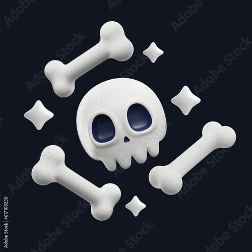 Skull and bones monster for Halloween 3D realistic vector illustration isolated.