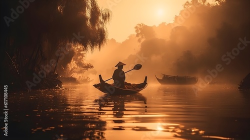 Silhouette of a man on a boat, reflecting in calm water, during a serene morning.