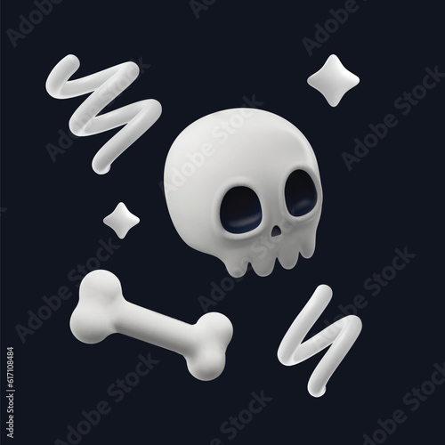 Skull and bones volumized image for Halloween 3D realistic vector isolated.