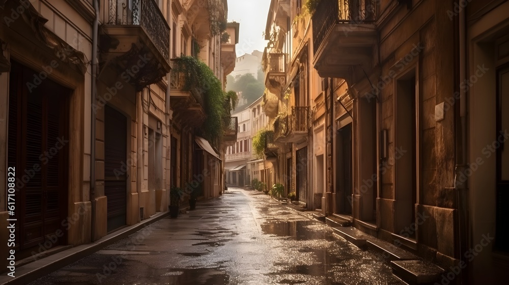 Quiet wet street alley with Mediterranean european residential architectural.