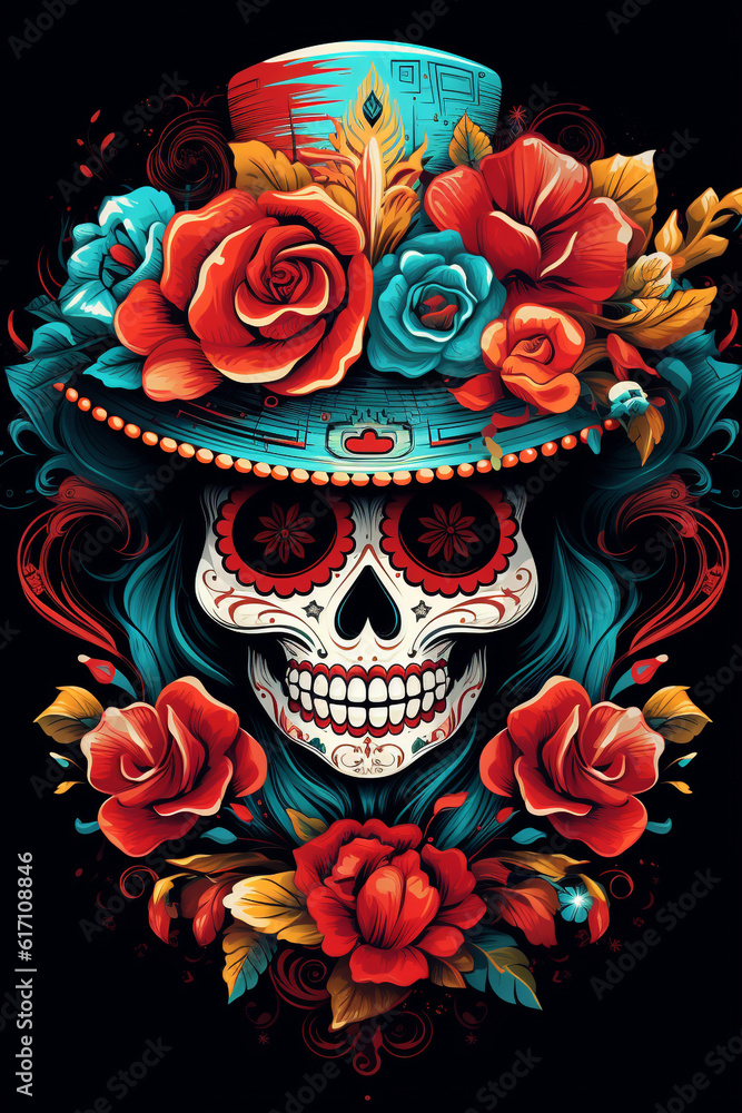 La Catrina dia de muertos Skull. Bemalter Schädel mit  Hut und Blumen Deko in bunt. Tag der Toten in Mexico. Hochkant. Hochformat. Generative Ai.