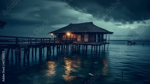 Wooden thatched-roof stilt house at the sea side, connected with wooden bridge at night, sea landscape.
