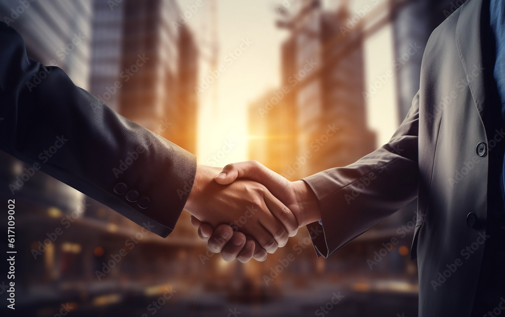 Businessmen shaking hands on the background of an City with construction, success collaboration concept