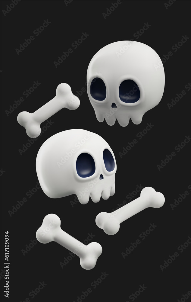 3d skull and bones floating, vector illustration isolated on black background. 3d skull and bones floating, vector illustration isolated on black background.