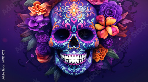 Colorful skull on bright purple background for Day of the Dead, sugar skull decorated flowers, Dia de Muertos