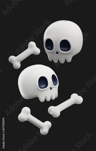 3d skull and bones floating, vector illustration isolated on black background.