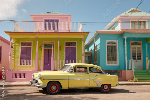 Generative AI illustration of yellow retro car parked near colorful residential building in town in daylight photo