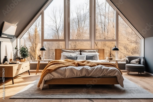 Generative AI illustration of modern bedroom interior with comfortable bed and placed on rug under wooden ceiling near panoramic window overlooking trees in apartment photo