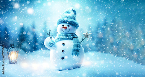 Banner with white snowman closeup on blue background, top view. Merry Christmas and Happy New Year holiday concept. Generative AI