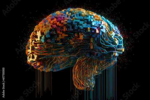Creative generative AI illustration of colorful brain with pixels and wires levitating against black background photo