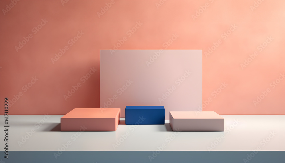 Abstract minimal concept. Pastel multi colour background with podium, abstract geometric cube box landscape. Mock up template for product presentation. copy text space Abstract minimal concept. Pastel multi colour background with podium, abstract geometric cube box landscape. Mock up template for product presentation. copy text space