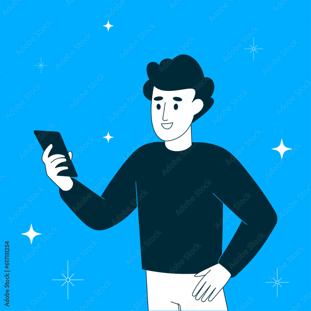 Creative social media illustration of a young man watching at his mobile phone`s screen in his hand
