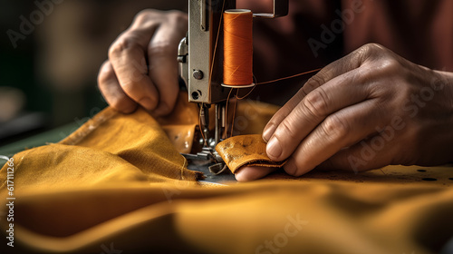 Close-up of hands skillfully operating a sewing machine, crafting a piece of clothing, embodying the spirit of DIY. photo