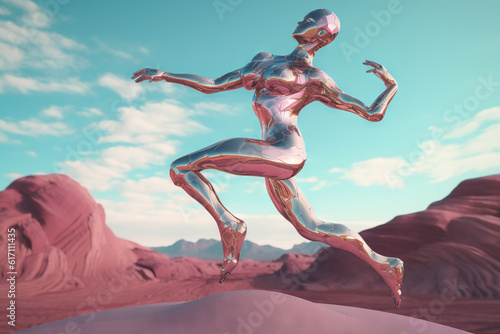 Crome robot woman dancing in the desert. Artificial intelligence rise and shiny. Mechanical beauty. Generated AI.