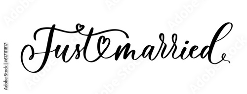 JUST MARRIED hand lettering, vector illustration. Hand drawn lettering card background. Modern handmade calligraphy.
