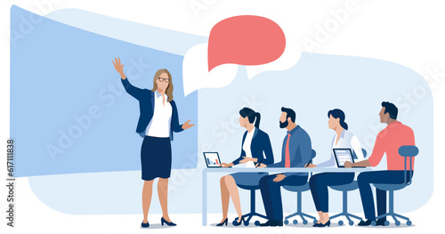 Education, presentation. The teacher is giving a lecture. The team listens to the teacher, female leader. Vector illustration. 