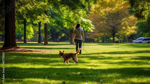 A woman from behind walking a dog in a lush park. Drawing attention to the vibrant greenery of the park and the simple joy of a walk with a beloved pet.